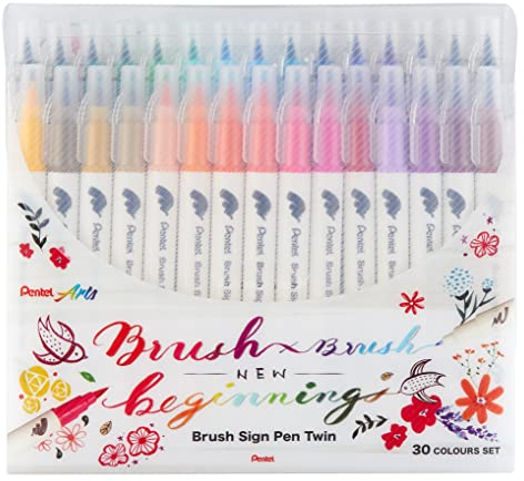 Pentel SESW30C-30 Brush Sign Pen Twin, 30-Farben-Set, Fasermaler mit zwei flexiblen Schreibspitzen, Tinte auf Wasserbasis, sortiert, 1 Stück (30er Pack)