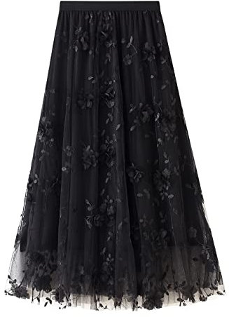 Tüllrock Damen Lang Rock Elegant Vintage Blume Stickerei Elastisch High Waist A Linie Swing Midi Sommer Faltenrock Plisseerock Winterrock Maxirock Frauen Festlich Fee Tutu Röcke Schwarz Blume L