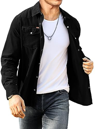 Meilicloth Cord Hemd Herren Hemdjacke Hemden Langarm Button Placke Langarm Regular Fit Casual Schwarz L