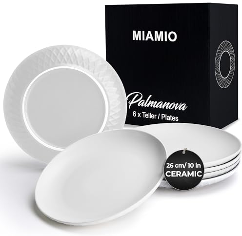 MIAMIO - 6er Geschirrset/Teller Set modern aus Keramik für 6 Personen - Palmanova Kollektion (Weiß, Große Teller (6x))