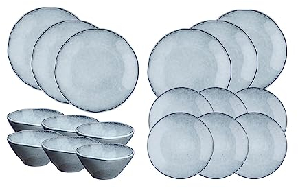 Björn, Collection Cloud, Set 18 Pièces, 6 Personnes, Grès Réactif, 6 Assiettes Plates, 6 Assiettes à Dessert, 6 Bols Petit-déjeuner, Gris Clair, Micro-ondes, Lave-vaisselle