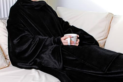 XL Kuscheldecke mit Ärmeln 240 x 150 cm - schwarz - Fleece Ganzkörperdecke zum Anziehen mit Kängurutasche - Ärmeldecke Deckenjacke Fernsehdecke Sofadecke Relax Fleece TV Decke groß