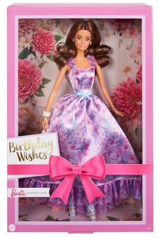 Barbie Signature Birthday Wishes Doll with Silky Lilac Dress Brown Wavy Hair - Gift Boxed HRM54