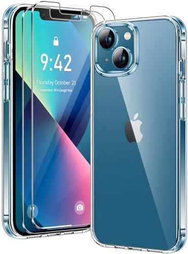 Fiyoarbb Clear Case for iphone 13 with 2 Pack Tempered Glass Screen Protector, Non-Yellowing Shockproof Phone Bumper Cover, Hard PC Anti-Scratch Clear Back (Clear)