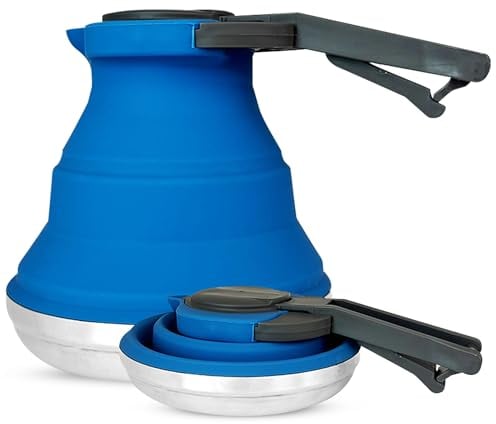 Heather UK Collapsible Foldable Camping Kettle 1.5L Silicone and Stainless Steel - Gas Stove Top, Folding Travel Portable Kettle to Take on Holiday. Portable for Gas Stove Top Caravan Large (Blue)