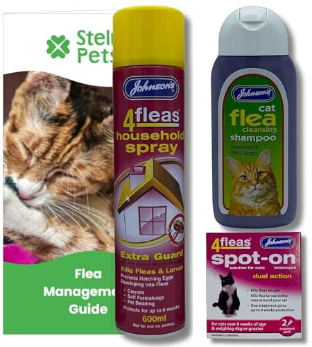 Flea Treatment Cat Bundle – Johnsons Cat Flea Treatment Spot on (2 Pack), Johnsons Cat Flea Shampoo (1x200ml), Johnsons Flea Killer for Home (1x600ml) bundle with Stelr Pets Flea Guide