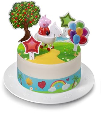 Kardasis Peppa Pig Tortenaufleger | Essbarer Aufleger für Torten und Kuchen | Tortendekoration für den Peppa Pig Themengeburtstag | 20cm + 4 Band 28x4cm + 4 Papierfiguren + 1 3D Figur