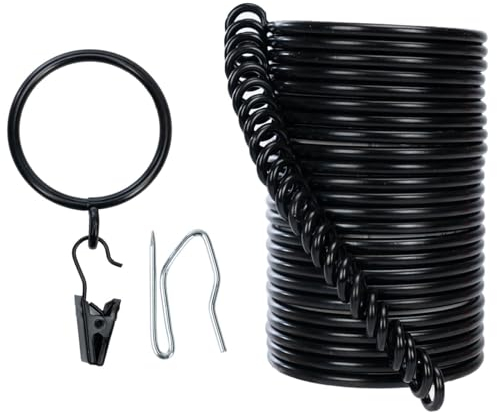 Anelli e ganci per tende, diametro interno 25 mm, set completo con anelli, ganci e clip, confezione da 24 anelli per tende standard, colore nero TXZWJZ