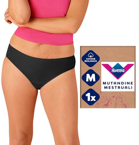 Nuvenia, Mutandine Mestruali in cotone biologico, modello slip brazilian, Lavabili e riutilizzabili con protezione integrata per Giorno e Notte, Flusso Abbondante, Colore Nero, Taglia M, 1 confezione