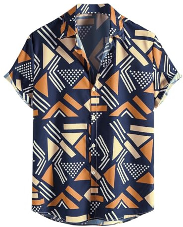 HAOLEI Summer Hawaiian Shirts for Men UK Clearance, Geometric Print Casual Shirts Regular Fit Tropical Beach Shirts Turn-Down Collar Short Sleeve Tops Button Down Holiday Shirts 8-14