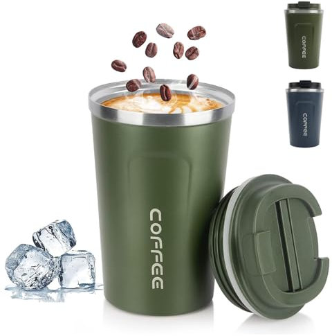 SUJIBHI Coffee Travel Mug 380ml Insulated Coffee Cup with Leakproof Lid Reusable Stainless Steel Double Wall Vacuum Thermaol Cups for Hot Cold Drinks (Green)