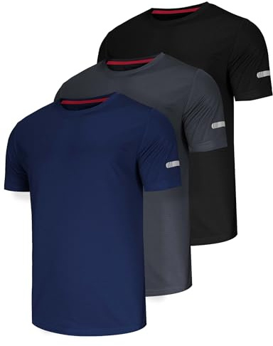Chenjunrong 5-pack herr sport t-shirts andas snabbtorkande kortärmade t-shirts funktionella tröjor sportskjorta män löpartröja träningströja män, Svart/grå/marinblå, L