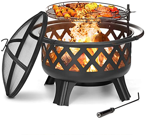 Home Outdoor Feuerstelle, Terrassenstrahler Holzscheite, Runde Feuerschale mit Grill, Abnehmbar, Sicher und Stabil, Outdoor Terrasse/Heizung/Camping Lagerfeuer/Garten/Hinterhof Camping Feuerstelle