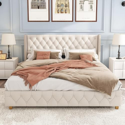 PUGSDRLY Lit Double 140x190 avec Sommier à Lattes,lit 2 Places avec Tête Capitonné,Tissu de Lin,Design Rivets,Pieds en Bois,pour Enfant Adolescent Adulte,sans Matelas,Beige