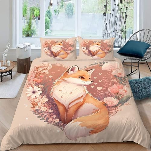 Tier Fuchs Bettwäsche 135x200 Mädchen Teenager Rosa, Microfaser Bettwäsche-Sets Mit 80X80CM Kissenbezug,Kinder Bettbezug Mit Reißverschluss,Für Sommer Winter,A10