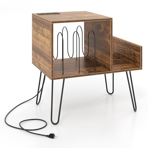 Multigot Record Player Stand with Charging Station, Wooden Turntable Stand Holds Up to 145 Albums with Metal Legs and Removable Dividers, Vinyl Record Storage Cabinet for Living Room (Rustic Brown)