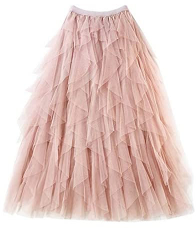 KYEQATY Gonna da donna in tulle, sottile, linea ad A, soffice, con elastico in vita, gonna lunga in rete, rosa, 30-40