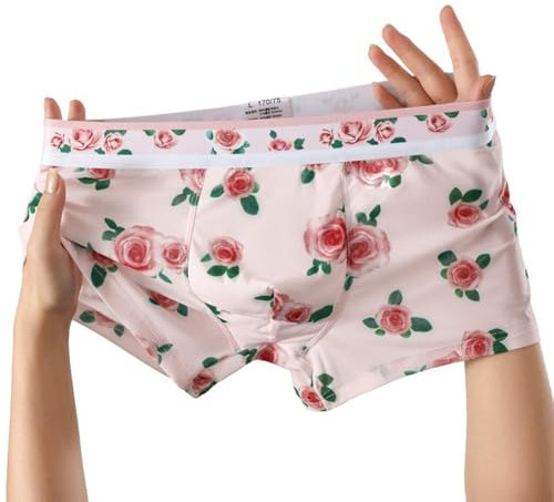 Boxer taille basse en soie glacée pour homme avec imprimé floral et pochette bombée (XL, rose)
