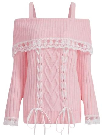 Felcia Damen Elegant Schulterfrei Pullover Y2k Kawaii Spitzenbesatz Langarm Zopfmuster Sweater Pullover Streetwear Ästhetische Kleidung
