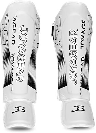 JOYAGEAR Schienbeinschoner Kickboxen - Evolution - Weiß - Größe S - Kampfsport Sparring Schienbeinschutz - Beinschutz Kickboxen Schienbeinschützer - Hergestellt aus thailändischem Mikrofaser