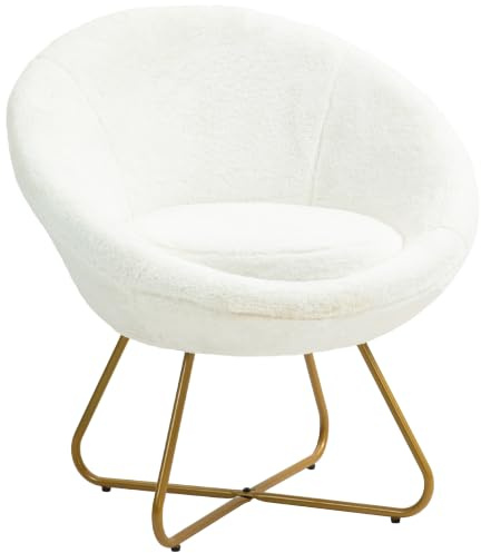 HOMCOM Fauteuil de Chambre en Fausse Fourrure, Fauteuil de Salon rembourré avec Pieds en métal doré et Pieds antidérapants pour Salon, Salle à Manger, 75x66x79 cm, Blanc