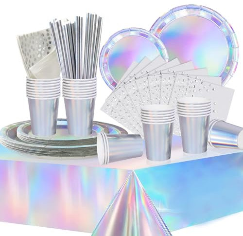 COLANANA Partygeschirr Kindergeburtstag,Silber Geburtstag Party Geschirr Set mit Teller Tischdecke Tassen Servietten Papier Strohhalme für Babydusche Geburtstag Hochzeit Party(16 Gäste)