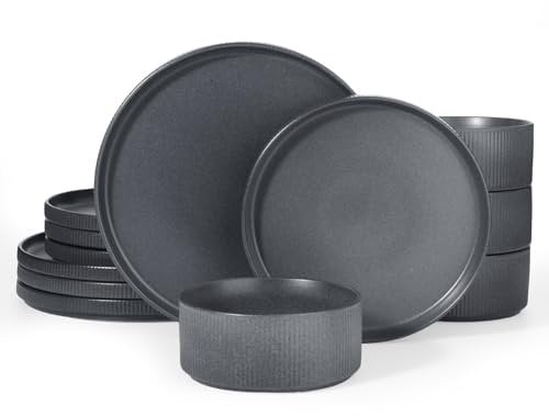 Richmount Star Set d'assiettes 12 pièces, Set de vaisselle 4 personnes, Set de vaisselle en faïence, Service de table anti-rayures, Micro-ondes & Lave-vaisselle, Brillant Mat Charbon Foncé
