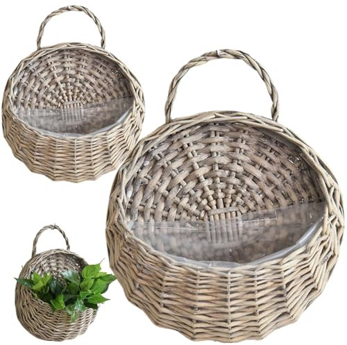 Hanging Planter 2Pcs Natrual Rattan Planter Vintage Wall Hanging Basket Storage Plant Basket Rattan Wall Hanging Flower Pot for Home Garden Indoor Plants, Grey Plant Basket Hanging Basket Rattan Plant