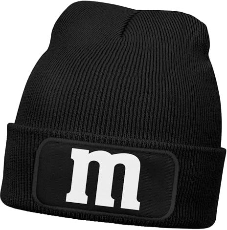 MoonWorks® Herren Beanie Patch Strickmütze mit Buchstabe M Aufdruck Fasching Karneval Lustig Mütze Männer Schwarz Unisize