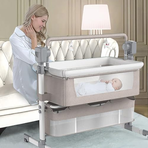 GAOXIAO Eléctrico Cuna Colecho, Cuna Bebe Plegable Convertible para Dormir Conjuntamente, Minicuna Colecho para Bebe Multifuncional con Música Bluetooth 5 Engranajes de Remoto Khaki B