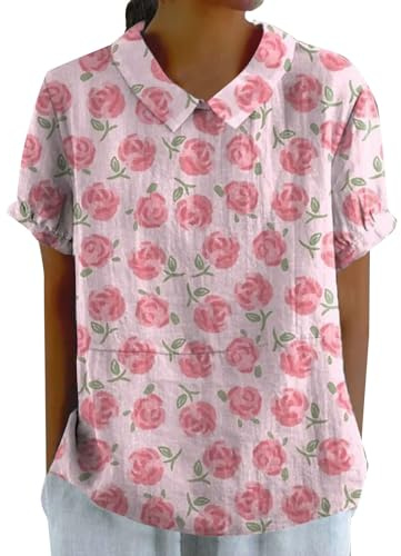 Cocila T Shirts Casual da Donna in Lino con Risvolto Floreale Scollo Tondo Bottoni Larghi Tops Pigiami Cotone Maglia Viscosa Curvy Maglietta Donna Intimo Maglie Manica Corta Colorate T Shirt