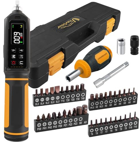 Uharbour Digital Torque Screwdriver 0.09-6NM, Torque Screwdriver Set with 1/4 Elastic Bit Holder, Bit Adapter, Flat, Hex, Torx and Philips Bits, Suitable for Gunsmithing, DIY, Bicycle Maintenance