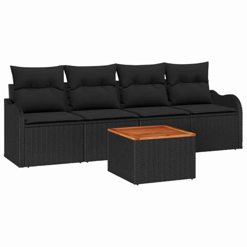 vidaXL Gartensofa-Set mit Kissen 5 pcs Schwarz Poly-Rattan, Moderne, langlebige, modulare Couch für draußen, UV-beständiger Stoff, Akazienholz, wetterfeste Gartenmöbel