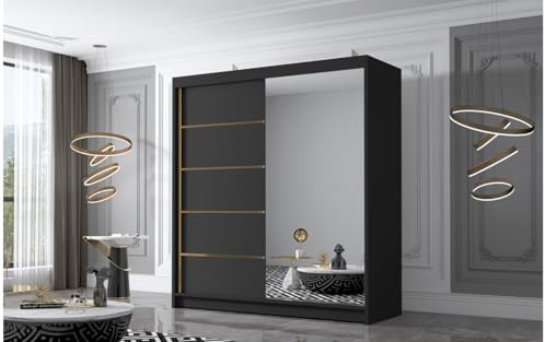ELUKS - FLAVIO GOLDEN STRIPES Sliding Doors Wardrobe with Mirror Furniture for Bedroom Living Room and Hall Organizer Width 100cm/120cm/150cm/180cm/200cm/WHITE/BLACK/CASHMERE (Black, 180cm)