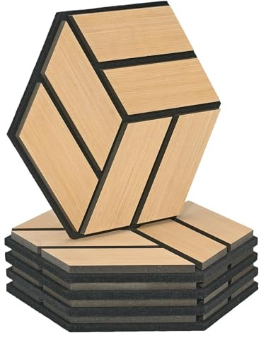 Homestyle4u 5er Set Hexagon Akustikplatten 30x26 cm Natur Eiche Wandpaneele | Schallabsorber aus MDF-Filz in Wabenform mit 3D-Optik zur Schalldämmung, 2 cm dicke Paneele für Wohnzimmer oder Büro