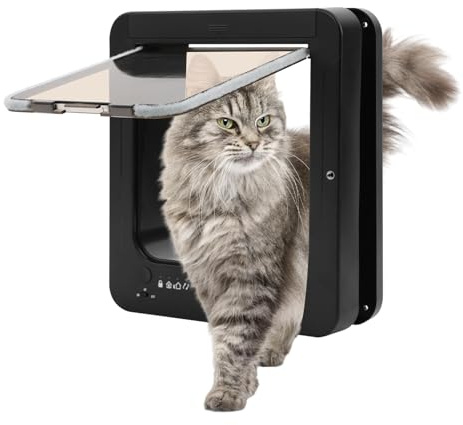 Mikrochip Haustierklappe mit RFID-Halsbandanhänger, 4-Wege Katzentür zur Installation in Türen, MIT Fernbedienung, für Katzen und kleine Hunde (Schwarz)