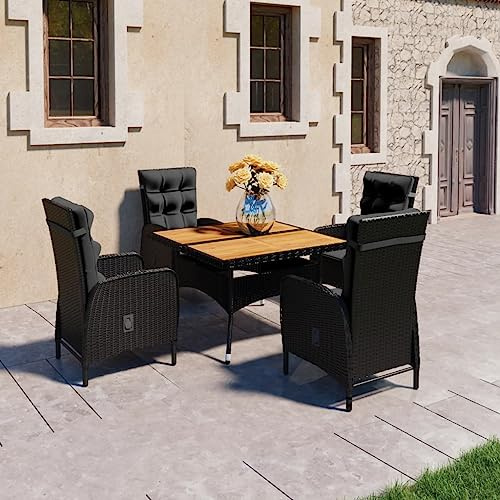 Teenpull 5-TLG. Garten-Essgruppe aus Poly Rattan und Akazienholz, Schwarz, verstellbare Sessel, wetterfestes Outdoor Dining Set für Terrasse & Balkon