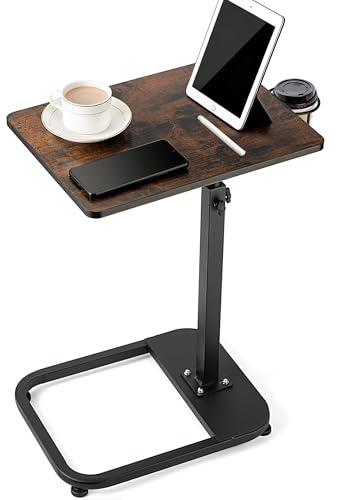 Ngduihoo C-Shaped Side Table,Adjustable Height End Table with Weighted Base,Ideal Coffee Table for Living Room, Bedroom, Small Spaces in Rustic Brown & Black