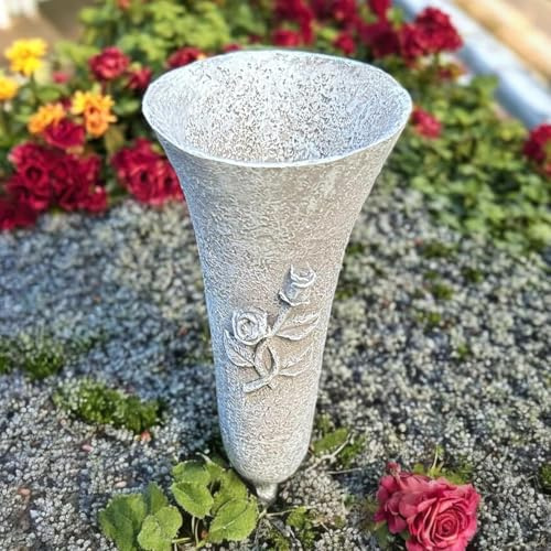 eberin365 GRABWELT – Grabvase 25cm Massiv Steinoptik Grau Antik – Friedhof Blumenvase mit Rosen