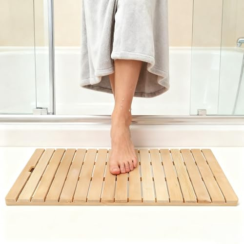 Wasserdichte Badematte aus Holz, rutschfeste Gummi-Rückseite, perfekt für Dusche, Sauna, Spa, Pool und Badewanne, 60 x 120 cm, stilvoller Badezimmerteppich für Zuhause