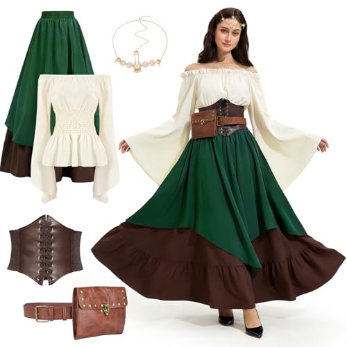 Beeoecm Mittelalter Kostüm Damen, Mittelalter Kleidung Damen Renaissance Kleid Erwachsene Set mit Corsett, Gürteltasche und Gürtel, Viktorianisches Kostüm für Karneval Halloween