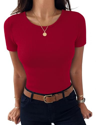 Aottori Kurzarmshirt Damen Rundhals Elegant Basic Rot XS