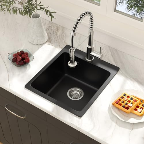 Geworzi Spülbecken Schwarz - 45 x 40 cm Granitspüle Küchenspüle Set mit 1 Hahnlöchern, Moderne Spülbecken Waschbecken Küche Großes 1 Becken, Rechteck Spülbecken-Küche mit Siphon, für Küchen