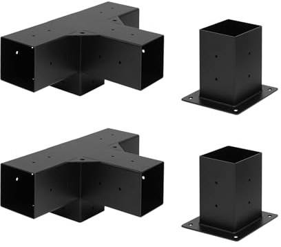 Set di connettori per montanti in legno, staffe angolari a 4 vie con base, metallo nero, spessore 2mm, per montanti 9x9cm, 2 staffe angolari e 2 basi, costruzione per pergola e gazebo