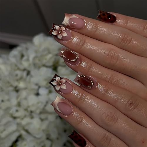 Nymora Press On Nails, 24 Stück Nägel zum Aufkleben Kurz, Rote Blumen-Square False Nails, Künstliche Nägel zum Aufkleben, Fake Nails & Nägel Soft Gel Design