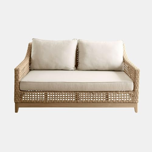 Loberon Sofa Isolara - 2-Sitzer - Mittelfester Sitzkomfort - Robustes Polyrattan-Geflecht - Waschbare Bezüge - Gartenmöbel - Sitzmöbel - Outdoor - Aluminium, braun/Creme