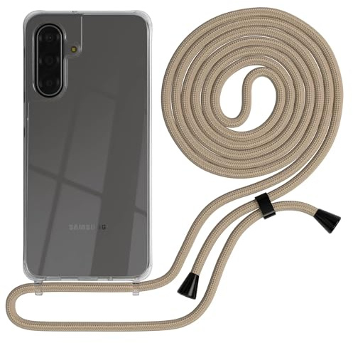 EAZY CASE Handykette kompatibel mit Galaxy A17 Handyhülle mit Umhängeband, Handykordel mit Schutzhülle, Silikonhülle, Hülle mit Band, Stylische Kette für Smartphones, Taupe Camouflage - Clips Silber