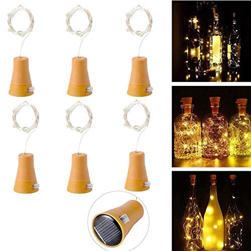 6Pcs LED Solar Bottle Lights with Cork Stopper, Copper Wire Fairy Light for Wine Bottle, Mason Jar, Party, Wedding, Festival and Halloween Decor (White)
