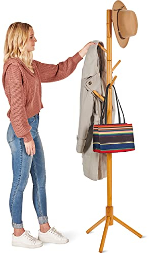 Porte-manteau en bois de haute qualité, 6 crochets – Montage super facile sans outils – 3 tailles réglables – Support sur pied pour manteau de couloir – Porte-manteau pour sac à main