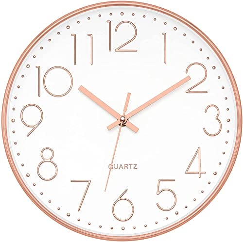 Foxtop Silent Non-Ticking Round Modern Quartz Decorative Battery Operated Wall Clock for Living Room Bedroom Kids Room Office School (Rose Gold, 12 inch)